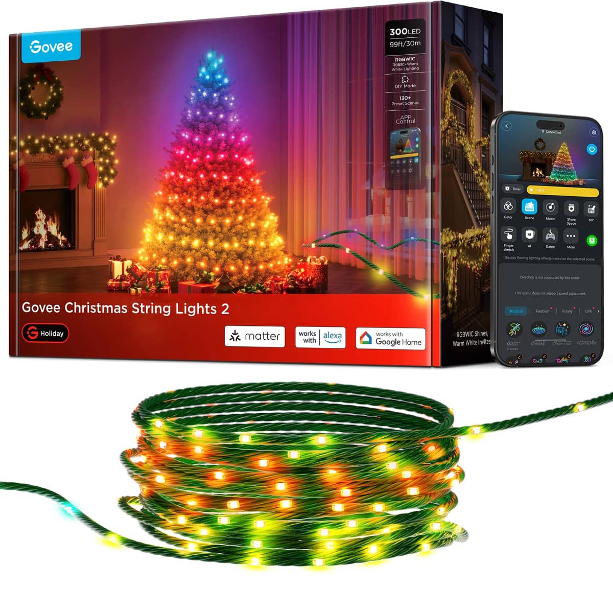 Govee Christmas Lights 2, RGBWIC 99 ft 300 LED Smart String Lights