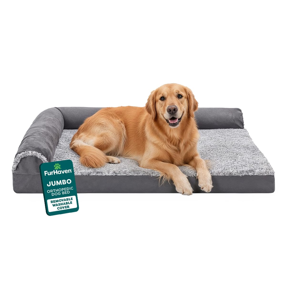 FurHaven Dog Bed for Large Dogs, L-Shaped Chaise Sofa with Egg Crate & a Solid Orthopedic Foam Base for Joint Support, Removable Washable Cover, Jumbo, Faux Fur & Suede, Stone Gray