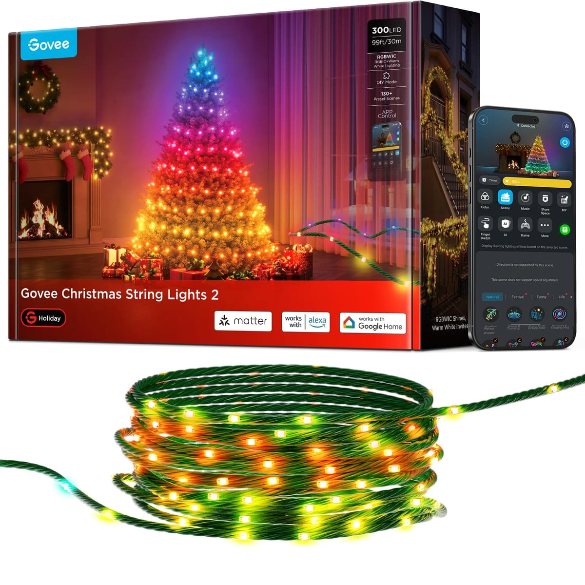 Govee Christmas Lights 2, 99FT 300LEDs Holiday String Lights, Green Wire